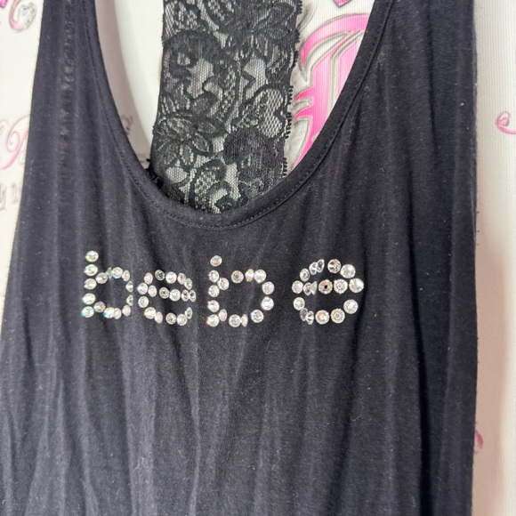 Bebe tank top lace racer back black cinched sides bling Swarovski crystal logo - Picture 3 of 7